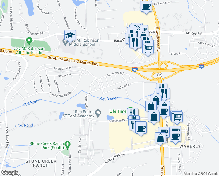 map of restaurants, bars, coffee shops, grocery stores, and more near 12136 Red Rust Lane in Charlotte