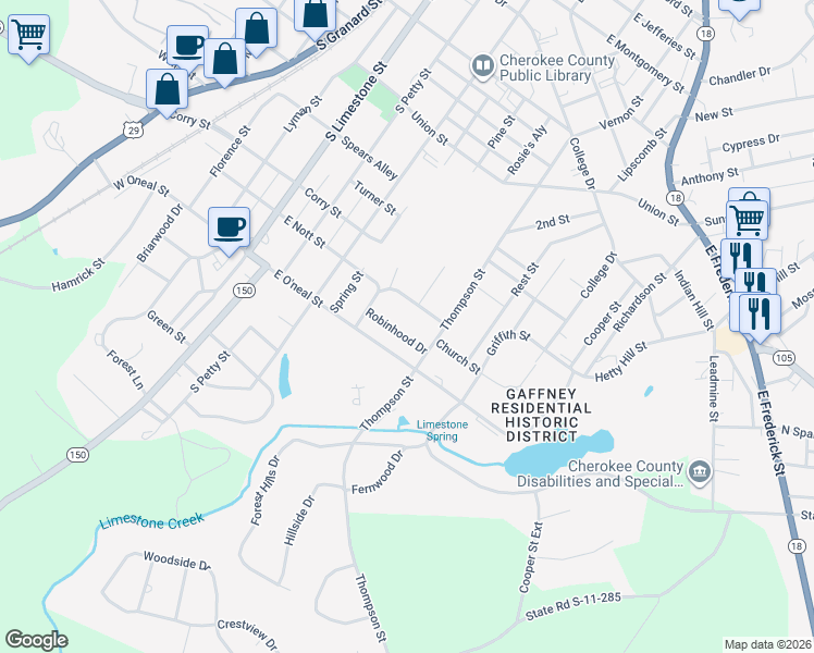 map of restaurants, bars, coffee shops, grocery stores, and more near 119 Robinhood Drive in Gaffney