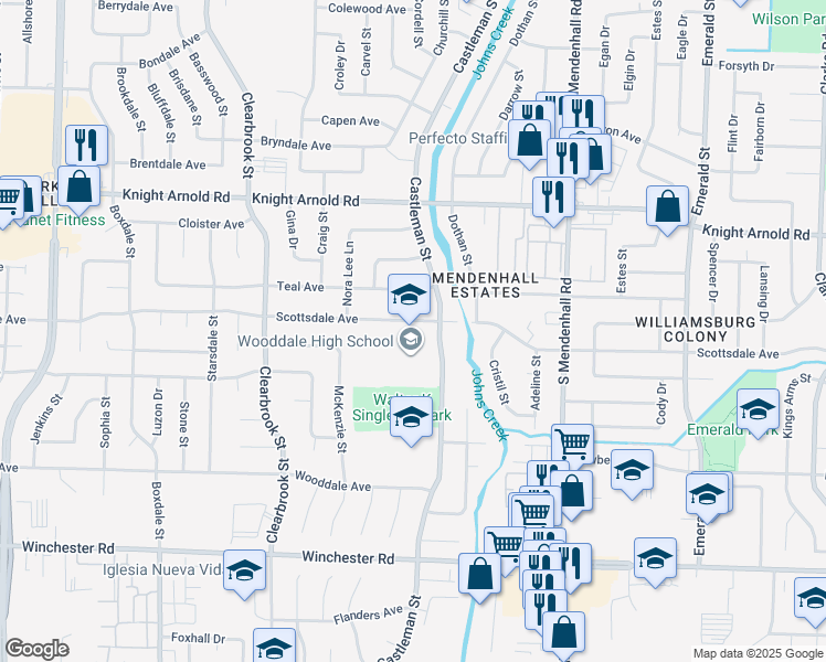 map of restaurants, bars, coffee shops, grocery stores, and more near 5151 Scottsdale Avenue in Memphis