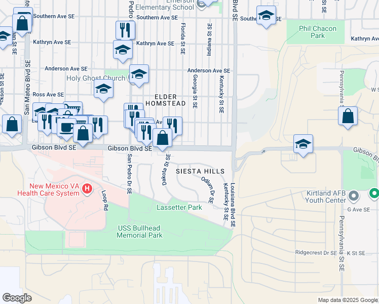 map of restaurants, bars, coffee shops, grocery stores, and more near 6200 Gibson Boulevard Southeast in Albuquerque