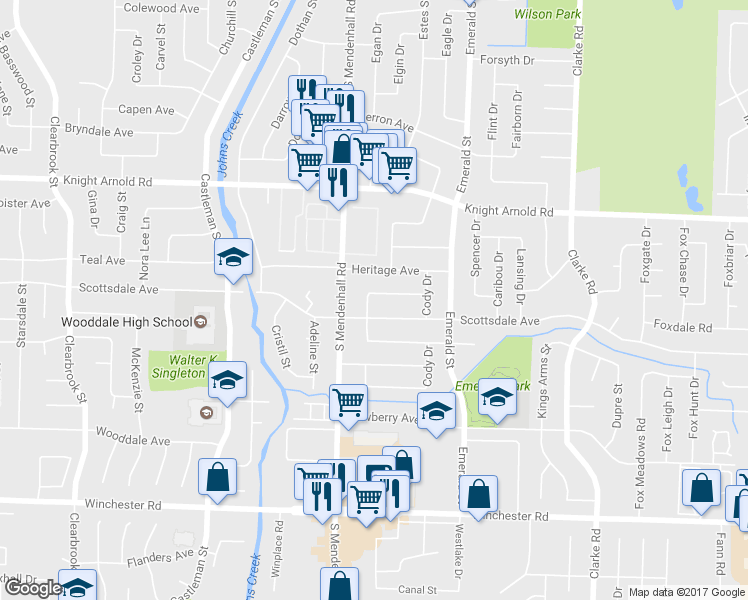 map of restaurants, bars, coffee shops, grocery stores, and more near 3322 Foxwood Drive in Memphis