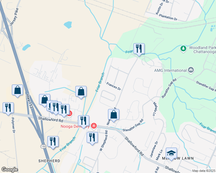 map of restaurants, bars, coffee shops, grocery stores, and more near 6322 Frances Drive in Chattanooga