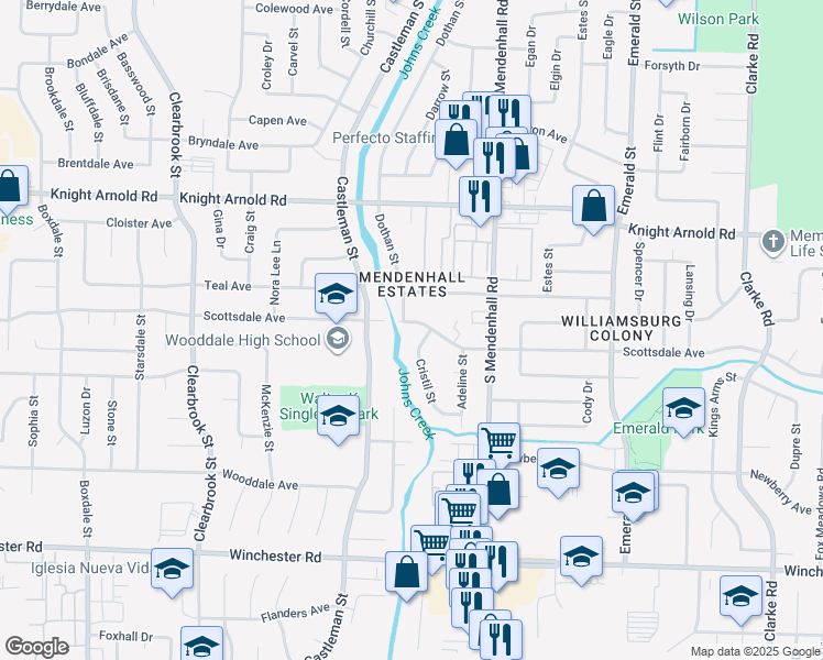 map of restaurants, bars, coffee shops, grocery stores, and more near 5237 Scottsdale Avenue in Memphis