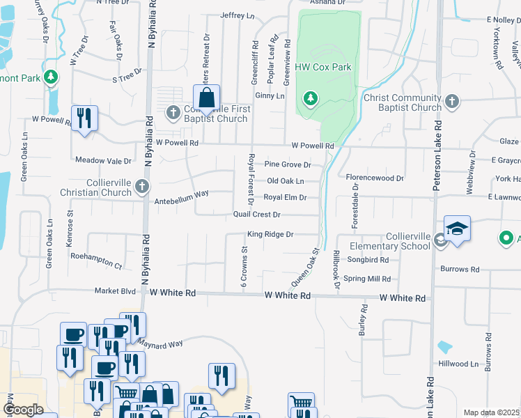 map of restaurants, bars, coffee shops, grocery stores, and more near 504 Quail Crest Drive in Collierville