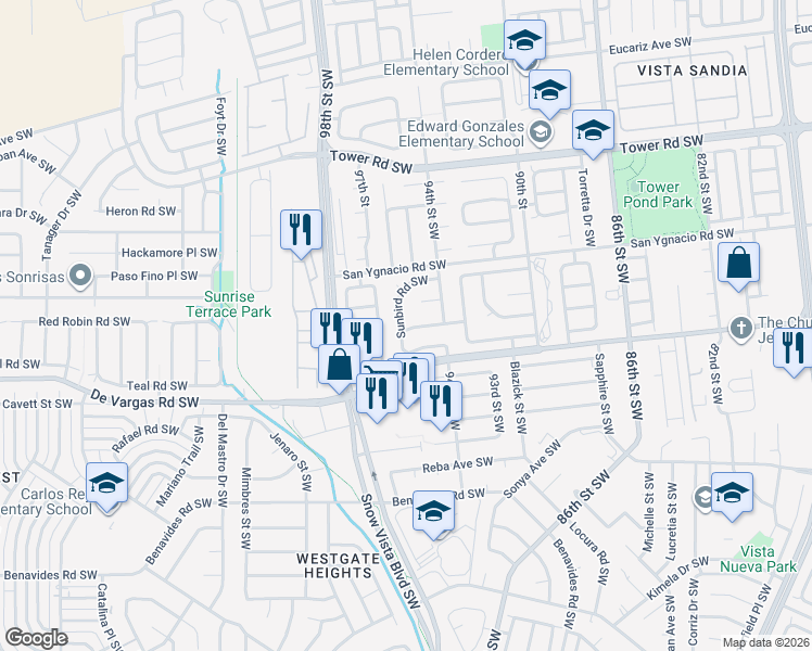 map of restaurants, bars, coffee shops, grocery stores, and more near 914 Sunbird Road Southwest in Albuquerque