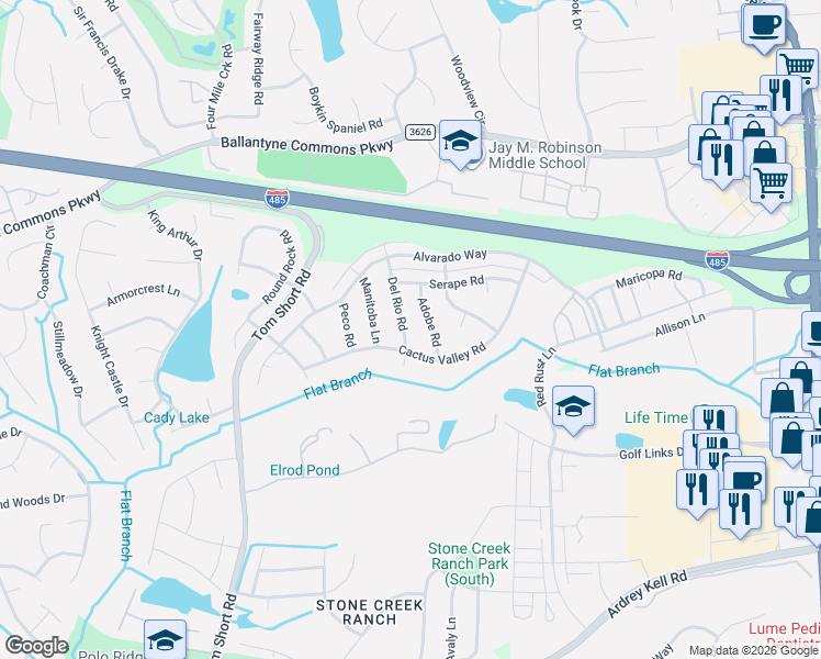 map of restaurants, bars, coffee shops, grocery stores, and more near 6525 Del Rio Road in Charlotte