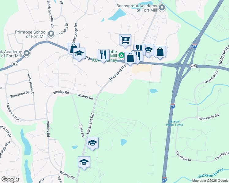 map of restaurants, bars, coffee shops, grocery stores, and more near Gates Mills Drive in Fort Mill