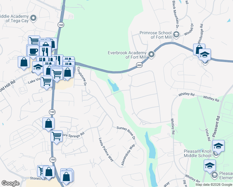 map of restaurants, bars, coffee shops, grocery stores, and more near 1629 Millbrook Lane in Fort Mill