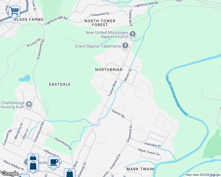 map of restaurants, bars, coffee shops, grocery stores, and more near 2303 Tunnel Boulevard in Chattanooga