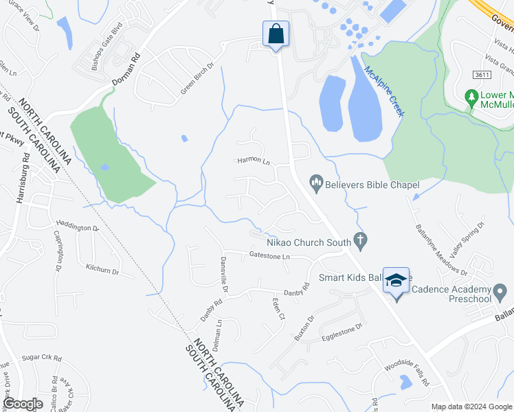 map of restaurants, bars, coffee shops, grocery stores, and more near 13522 Honeytree Lane in Pineville