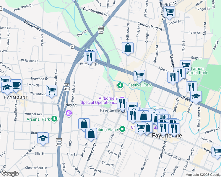 map of restaurants, bars, coffee shops, grocery stores, and more near 301 Bragg Boulevard in Fayetteville
