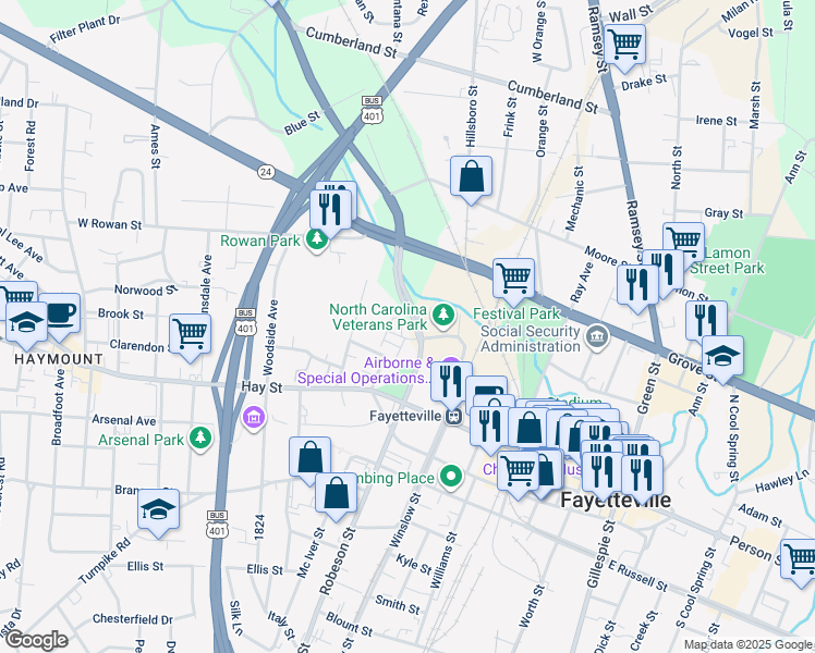 map of restaurants, bars, coffee shops, grocery stores, and more near 220 Hugh Shelton Loop in Fayetteville