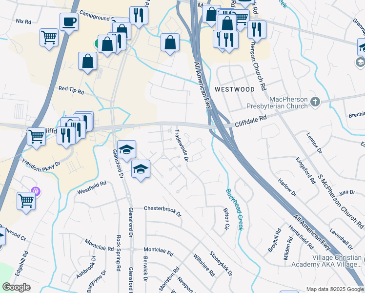 map of restaurants, bars, coffee shops, grocery stores, and more near 443 Tradewinds Drive in Fayetteville