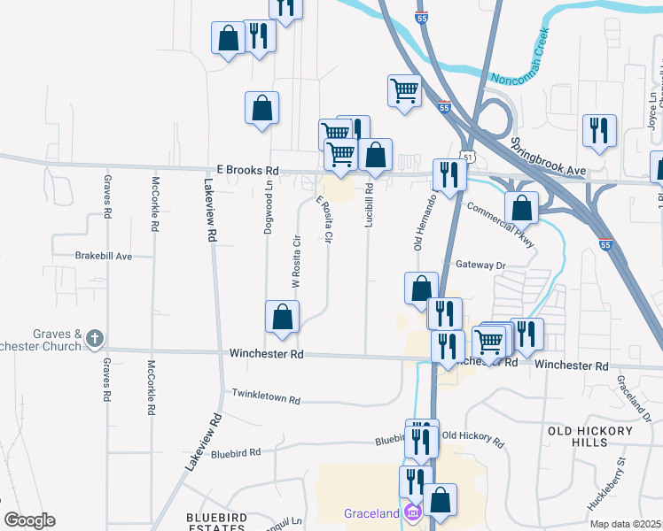 map of restaurants, bars, coffee shops, grocery stores, and more near 3334 East Rosita Circle in Memphis