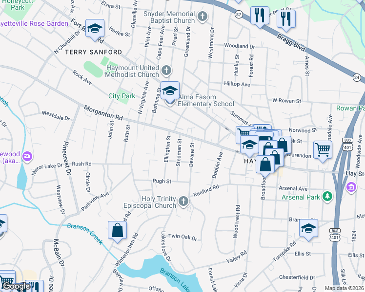 map of restaurants, bars, coffee shops, grocery stores, and more near 111 Stedman Street in Fayetteville