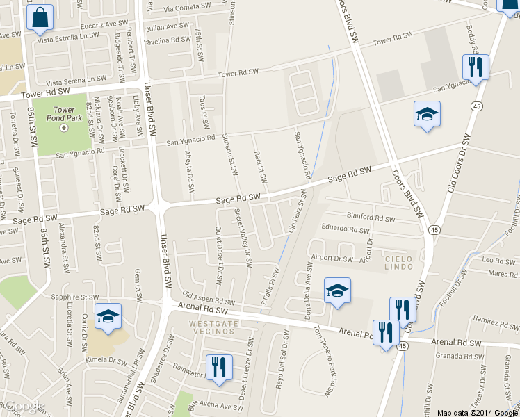 map of restaurants, bars, coffee shops, grocery stores, and more near 1315 Arroyo Hondo Street Southwest in Albuquerque