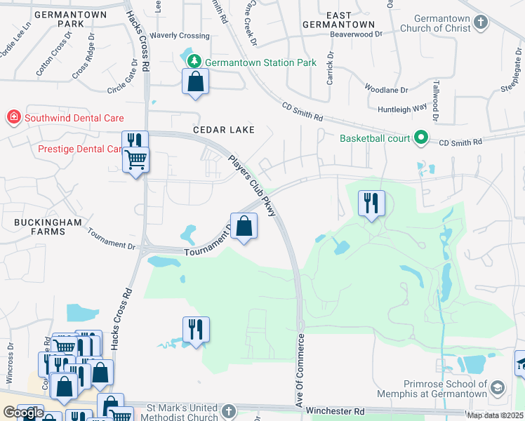 map of restaurants, bars, coffee shops, grocery stores, and more near 8295 Tournament Drive in Memphis