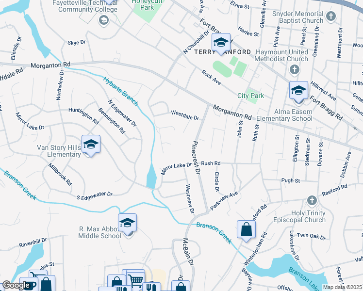 map of restaurants, bars, coffee shops, grocery stores, and more near 234 Pinecrest Drive in Fayetteville