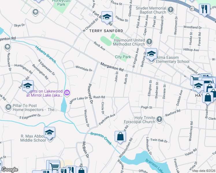 map of restaurants, bars, coffee shops, grocery stores, and more near 213 Judd Street in Fayetteville