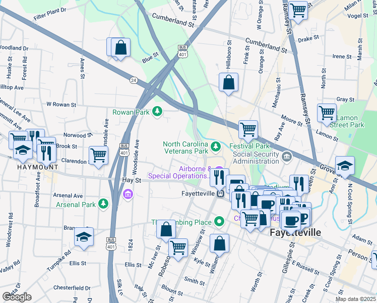 map of restaurants, bars, coffee shops, grocery stores, and more near 210 Hillside Avenue in Fayetteville