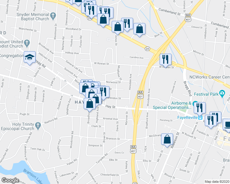 map of restaurants, bars, coffee shops, grocery stores, and more near 1007 Brook Street in Fayetteville