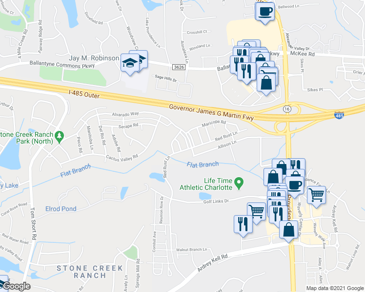 map of restaurants, bars, coffee shops, grocery stores, and more near 10826 Dancing Wind Road in Charlotte
