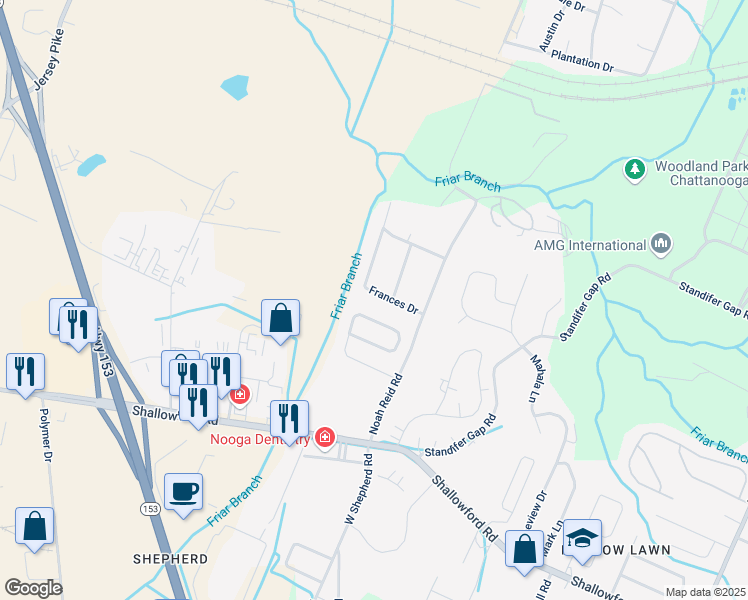 map of restaurants, bars, coffee shops, grocery stores, and more near 6322 Frances Drive in Chattanooga