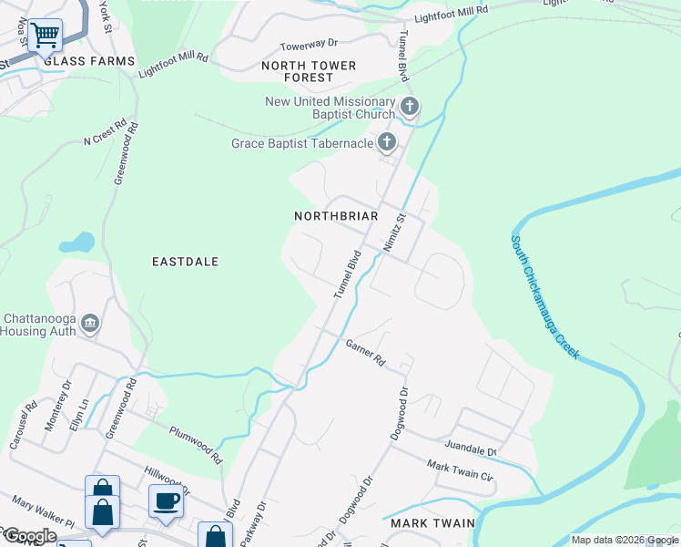 map of restaurants, bars, coffee shops, grocery stores, and more near 2303 Tunnel Boulevard in Chattanooga