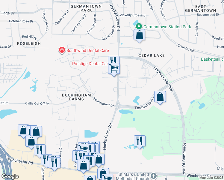 map of restaurants, bars, coffee shops, grocery stores, and more near 8068 Salisbury Place in Memphis