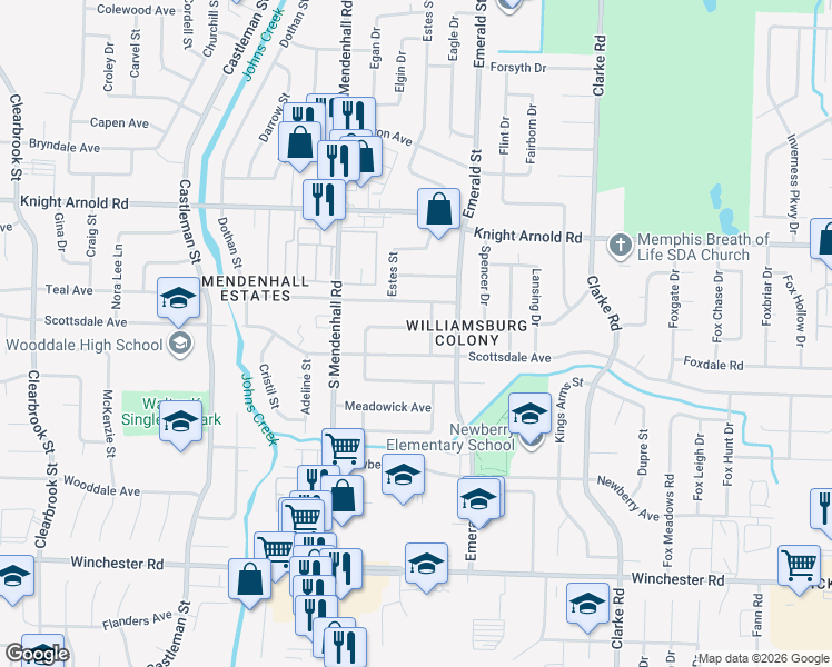 map of restaurants, bars, coffee shops, grocery stores, and more near 5417 Fleetway Avenue in Memphis