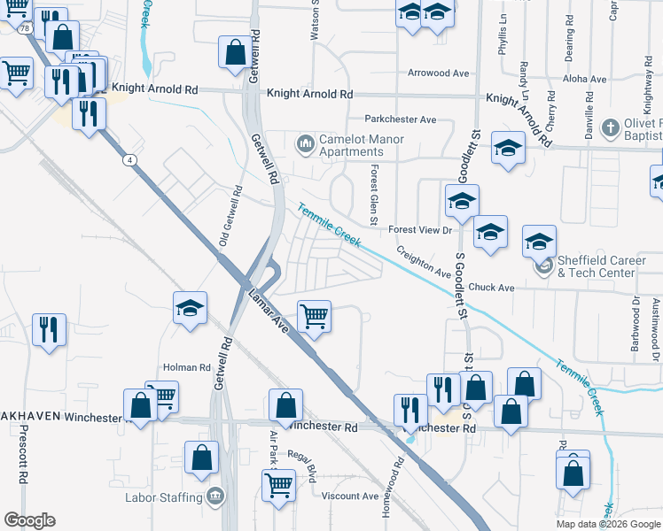 map of restaurants, bars, coffee shops, grocery stores, and more near 3318 Petosky Drive in Memphis