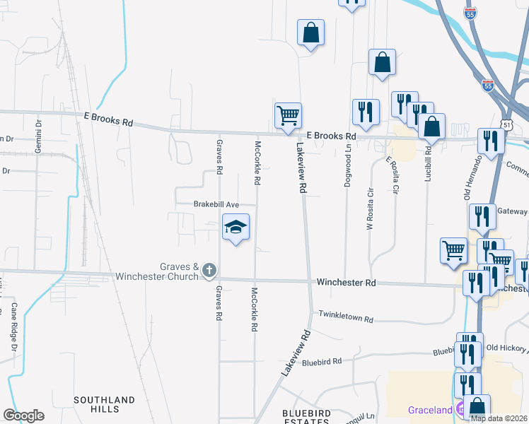map of restaurants, bars, coffee shops, grocery stores, and more near 3320 McCorkle Road in Memphis