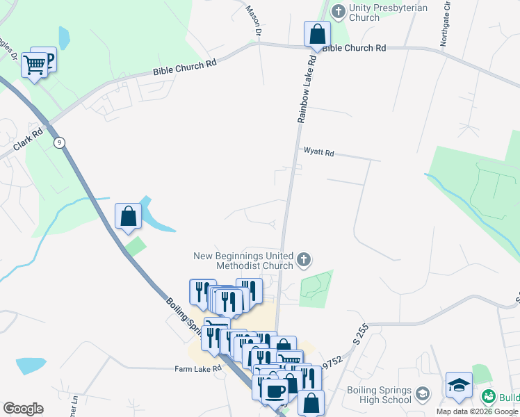 map of restaurants, bars, coffee shops, grocery stores, and more near 333 Cottage Mill Run in Boiling Springs