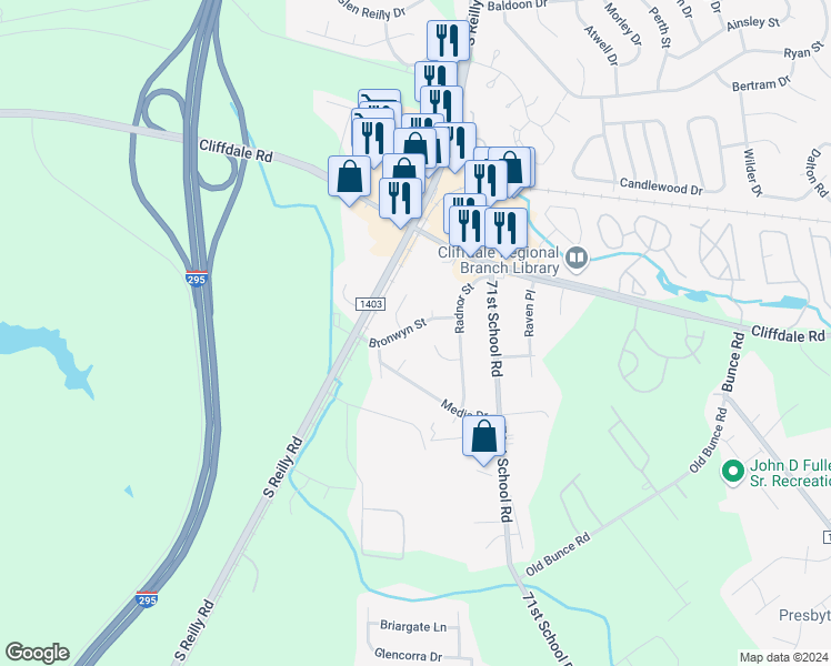 map of restaurants, bars, coffee shops, grocery stores, and more near 7017 Bronwyn Street in Fayetteville