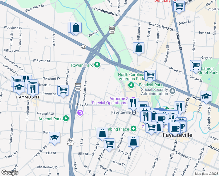 map of restaurants, bars, coffee shops, grocery stores, and more near 210 Hillside Avenue in Fayetteville