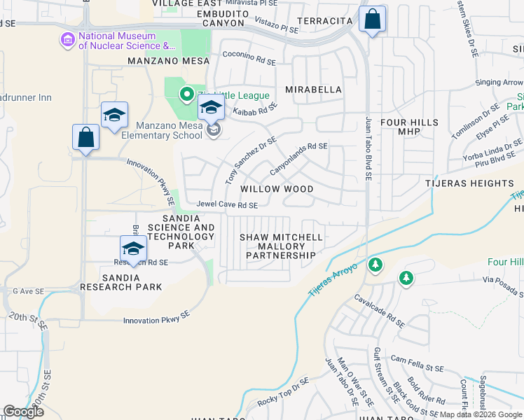 map of restaurants, bars, coffee shops, grocery stores, and more near 11104 Jewel Cave Road Southeast in Albuquerque