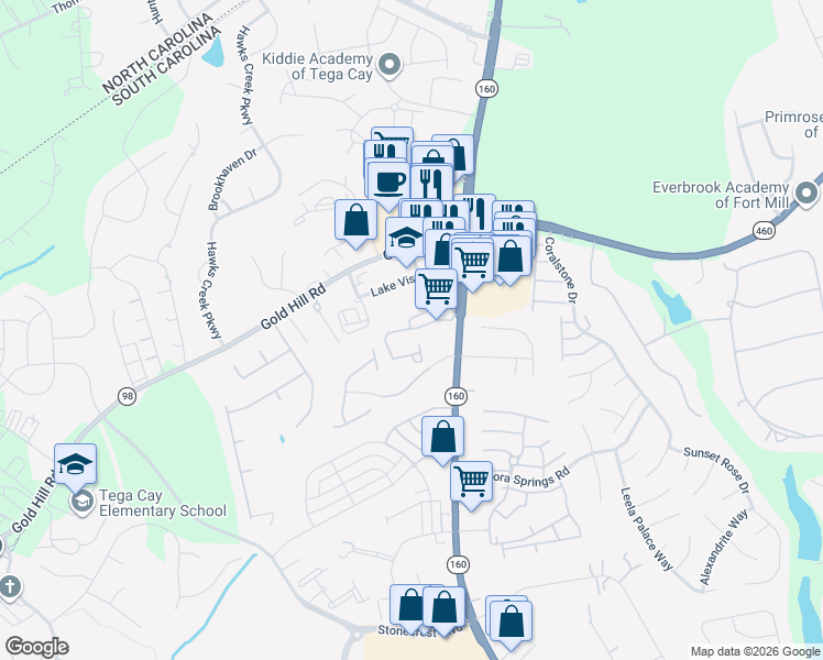 map of restaurants, bars, coffee shops, grocery stores, and more near 4301 Palmetto Place in Fort Mill
