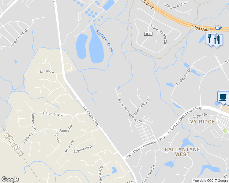 map of restaurants, bars, coffee shops, grocery stores, and more near 13824 Ballantyne Meadows Drive in Charlotte