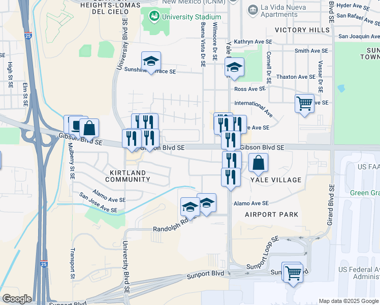 map of restaurants, bars, coffee shops, grocery stores, and more near 99999 Gibson Boulevard Southeast in Albuquerque