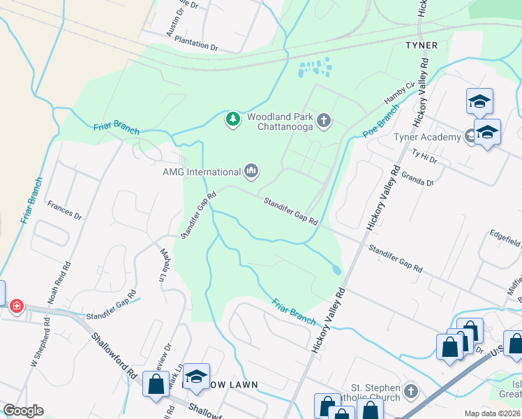 map of restaurants, bars, coffee shops, grocery stores, and more near 6730 Standifer Gap Road in Chattanooga