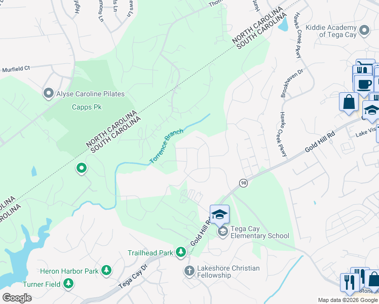 map of restaurants, bars, coffee shops, grocery stores, and more near 2964 Deer Creek Drive in Fort Mill