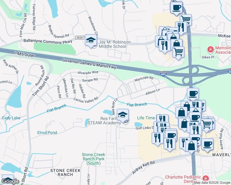 map of restaurants, bars, coffee shops, grocery stores, and more near 6725 Dusty Saddle Road in Charlotte