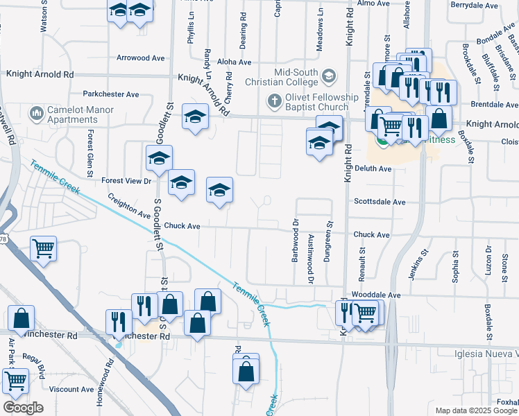 map of restaurants, bars, coffee shops, grocery stores, and more near 3316 Woodhollow Drive in Memphis