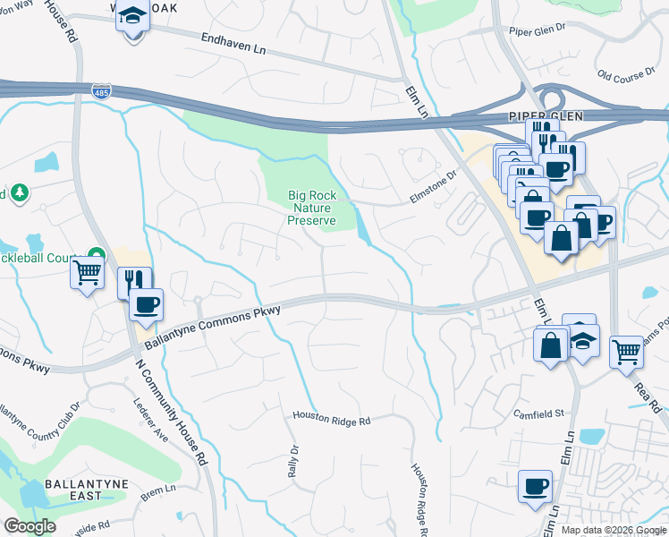 map of restaurants, bars, coffee shops, grocery stores, and more near 10907 Jordan Rae Lane in Charlotte