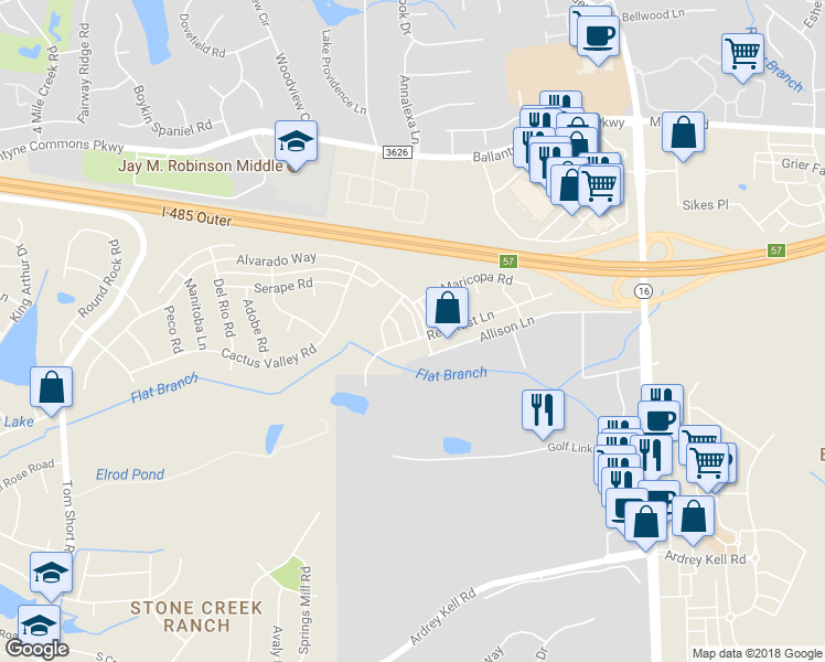 map of restaurants, bars, coffee shops, grocery stores, and more near 11008 Burnt Leather Lane in Charlotte