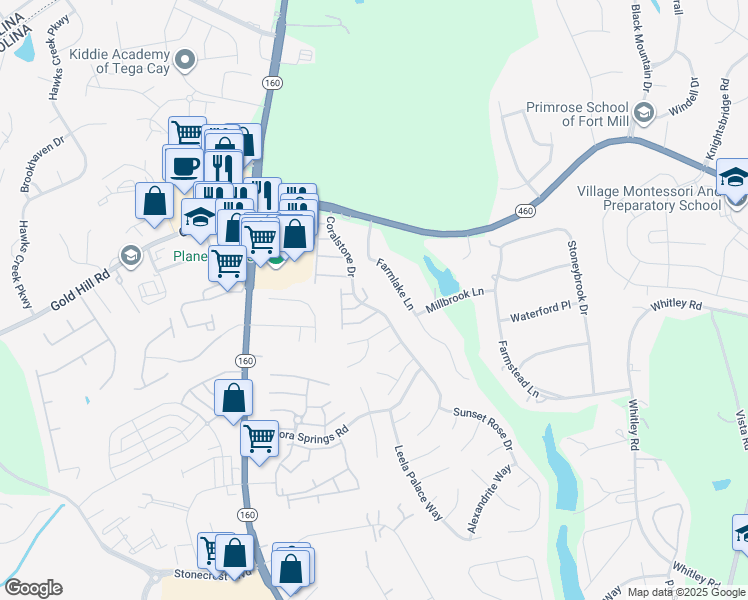map of restaurants, bars, coffee shops, grocery stores, and more near 1921 Travertine Lane in Fort Mill