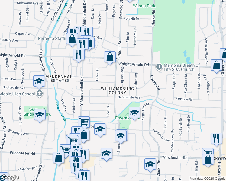 map of restaurants, bars, coffee shops, grocery stores, and more near 3319 Emerald Street in Memphis