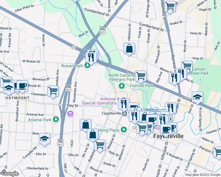 map of restaurants, bars, coffee shops, grocery stores, and more near 220 Hugh Shelton Loop in Fayetteville