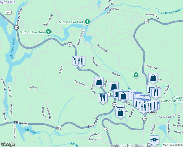 map of restaurants, bars, coffee shops, grocery stores, and more near 460 Franklin Road in Highlands