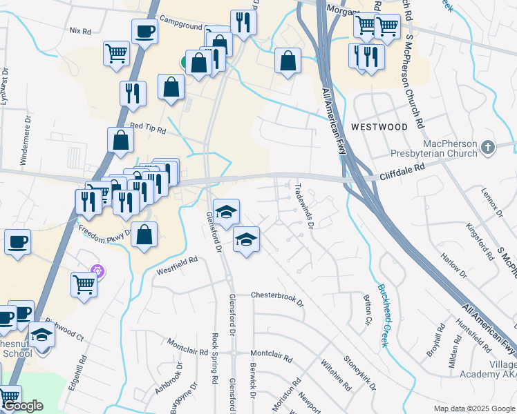 map of restaurants, bars, coffee shops, grocery stores, and more near 4621 Fen Court in Fayetteville